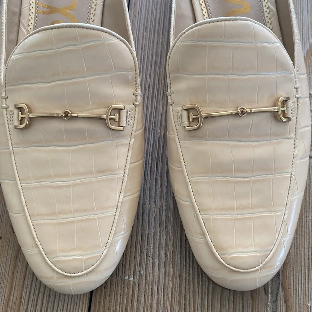 Sam Edelman Linnie Croc-Embossed Leather Bit Mules in Eggshell - Picture 3 of 10